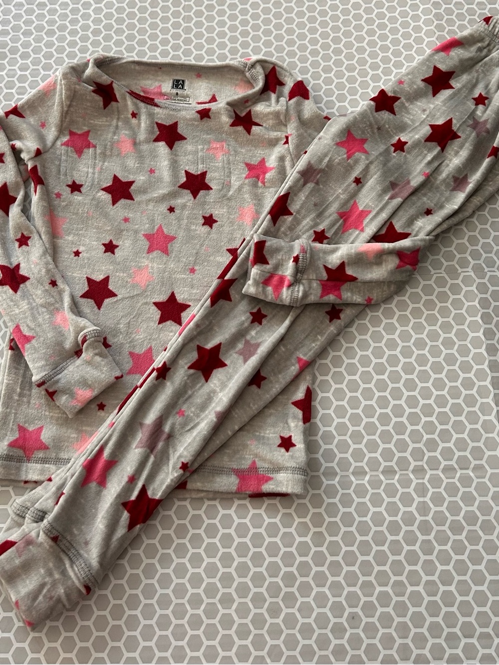 NWT LaLa Long Sleeve Star Pajama Set - Gray with Pink & Red Stars.   Size 8